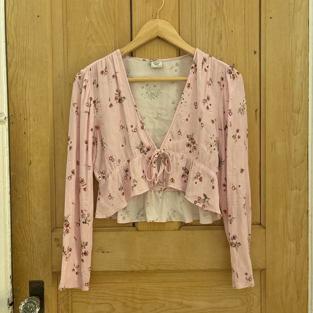 Artizia pink floral cropped long sleeve top